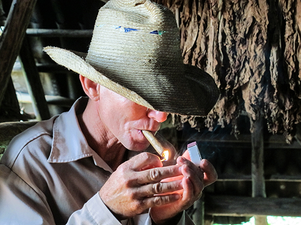 Cuban man smoking a hand-rolled Cuban cigar