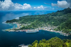 Pago Pago American Samoa Hill View over the Island and the Harbor with Cruise Ship docked.