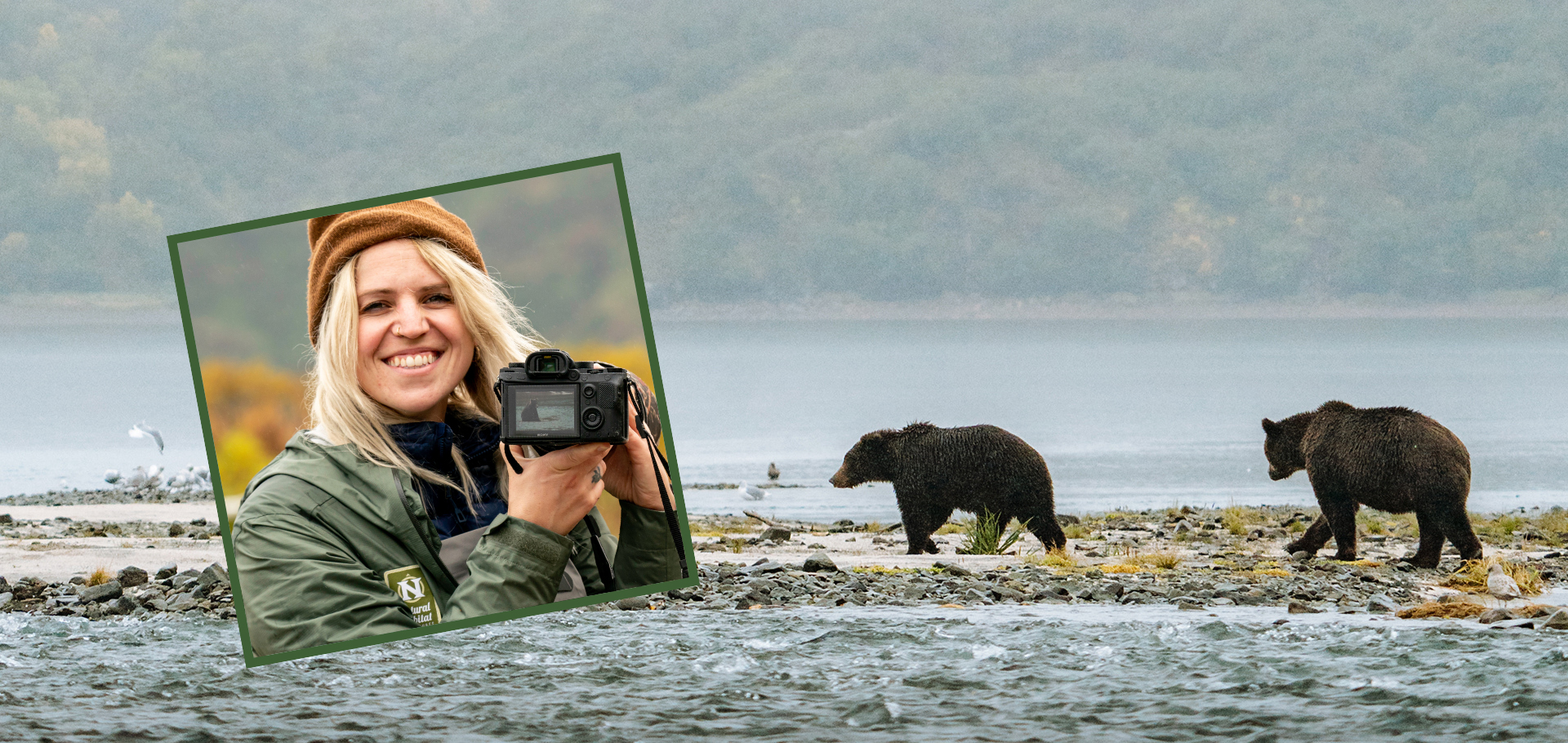 Photographer and Natural Habitat Adventures Social Media Manager Dana Cama in Alaska with grizzly bears