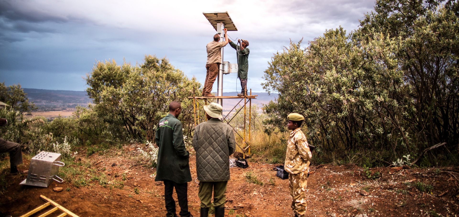 Installing solar panels for FLIR camera system in a National Park in central Kenya. As part of WWF's Wildlife Crime Technology project.