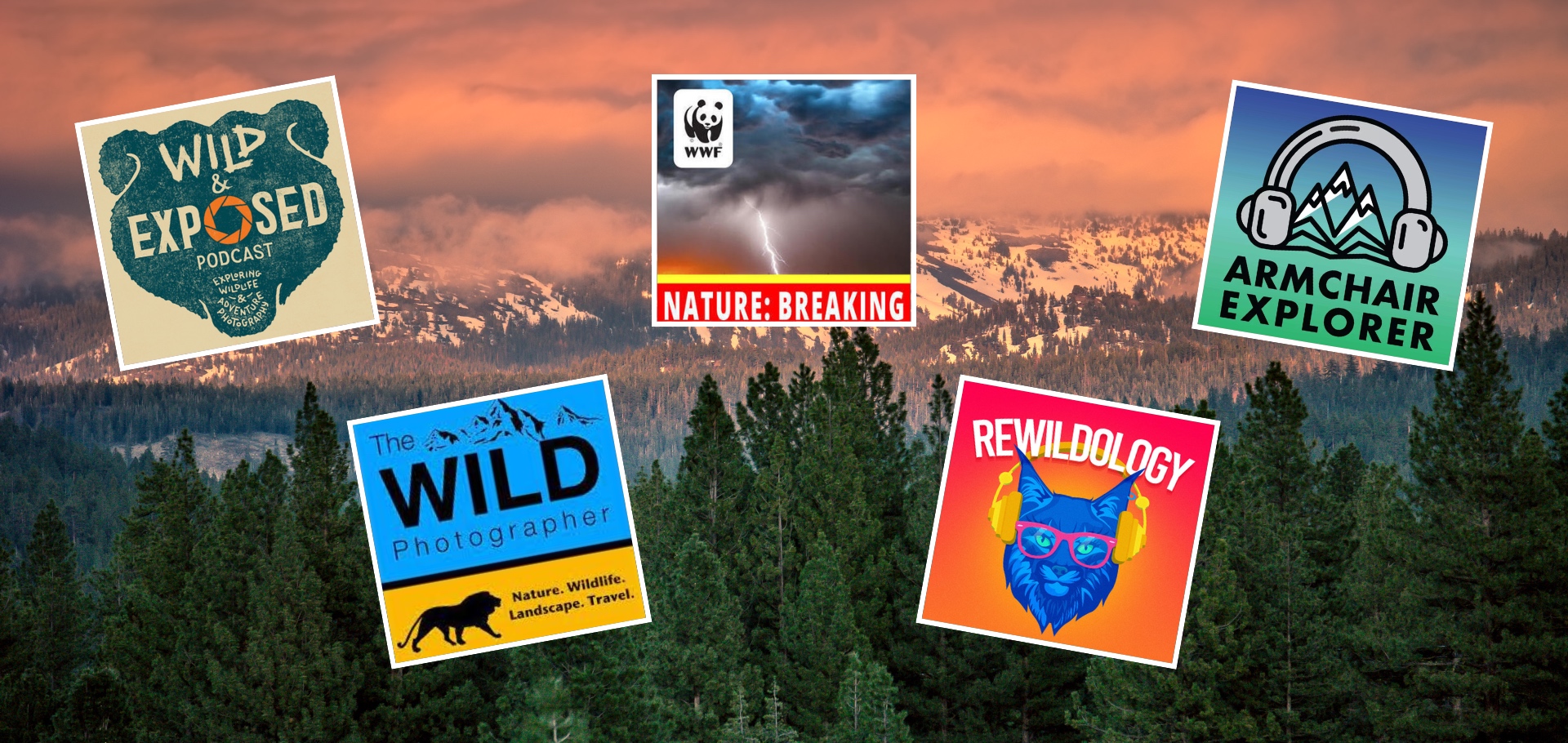 A collection of nature and travel podcast logos