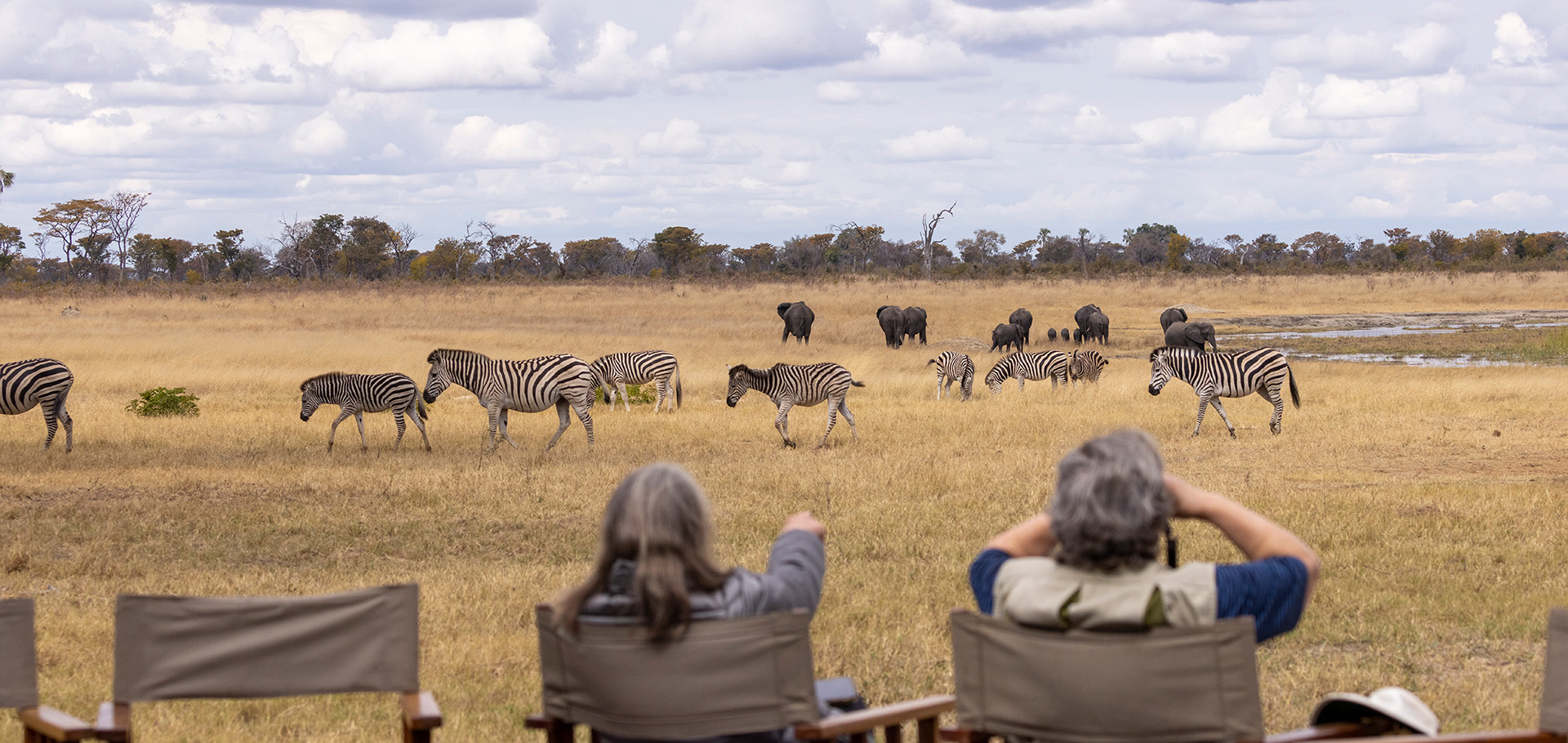 elderly women on wildlife safari in east africa spotting zebra from luxury camp with binoculars