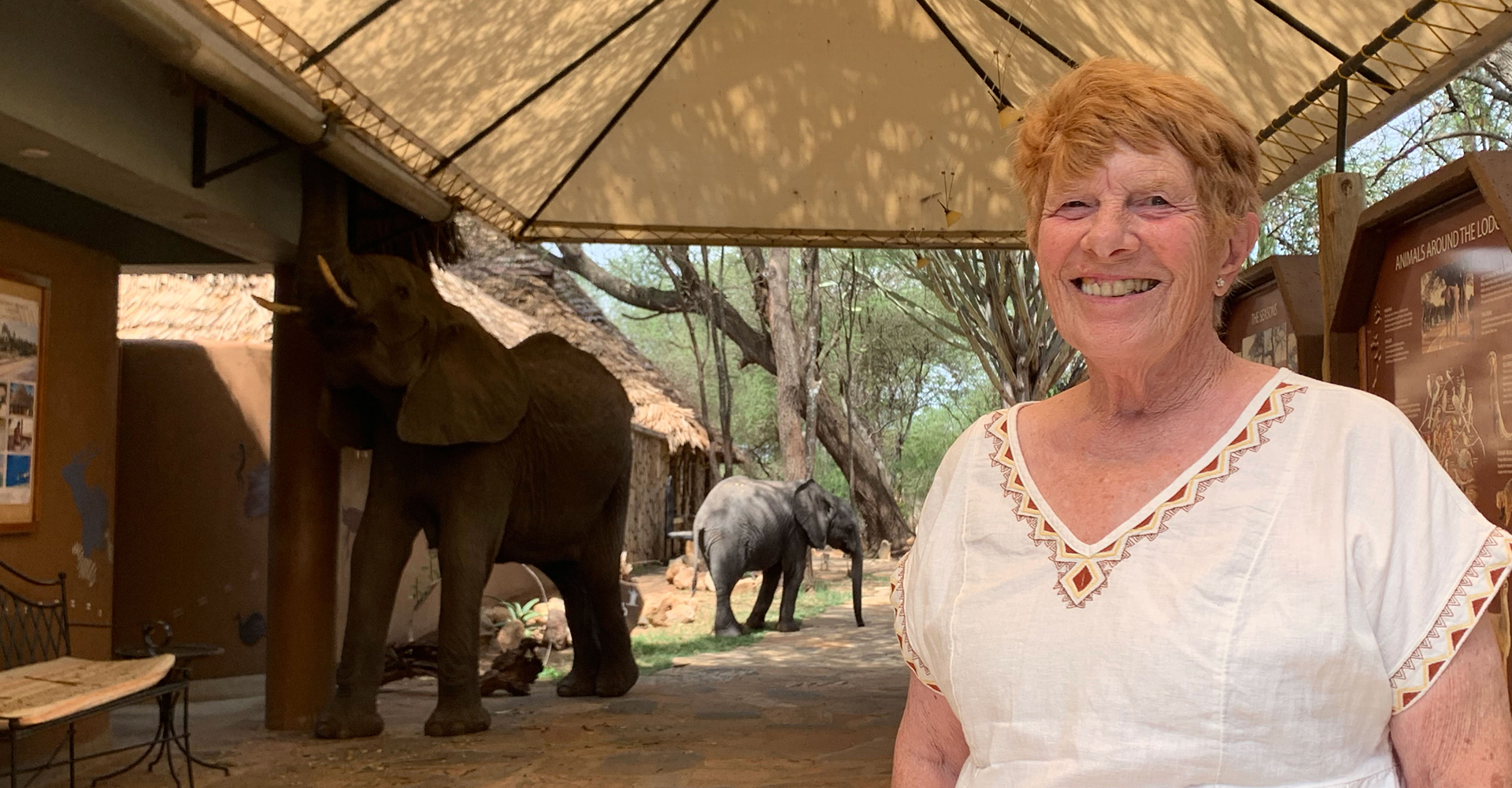 elderly woman smiles and poses for photo next to elephants in east africa 