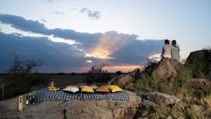 Traveler couple experiences a magical and romantic sunset in the bush alongside their wine and picnic spread.