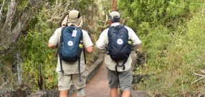 Two travelers in the Galapagos walking through greenspace