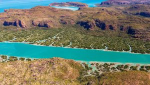 Landscape aerial view of Porosus Creek in Prince Frederick Harbor in the remote North Kimberley of Australia.