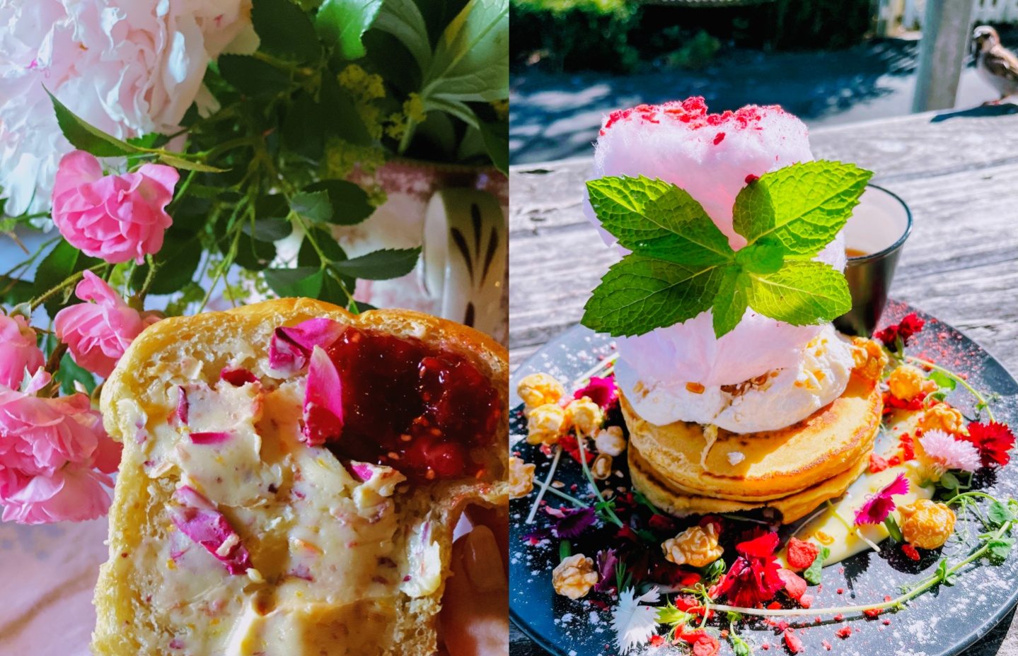 Fairy floss pancakes with edible flowers in New Zealand, and rose marigold butter on fresh baked bread in the U.S. © Emily Goodheart