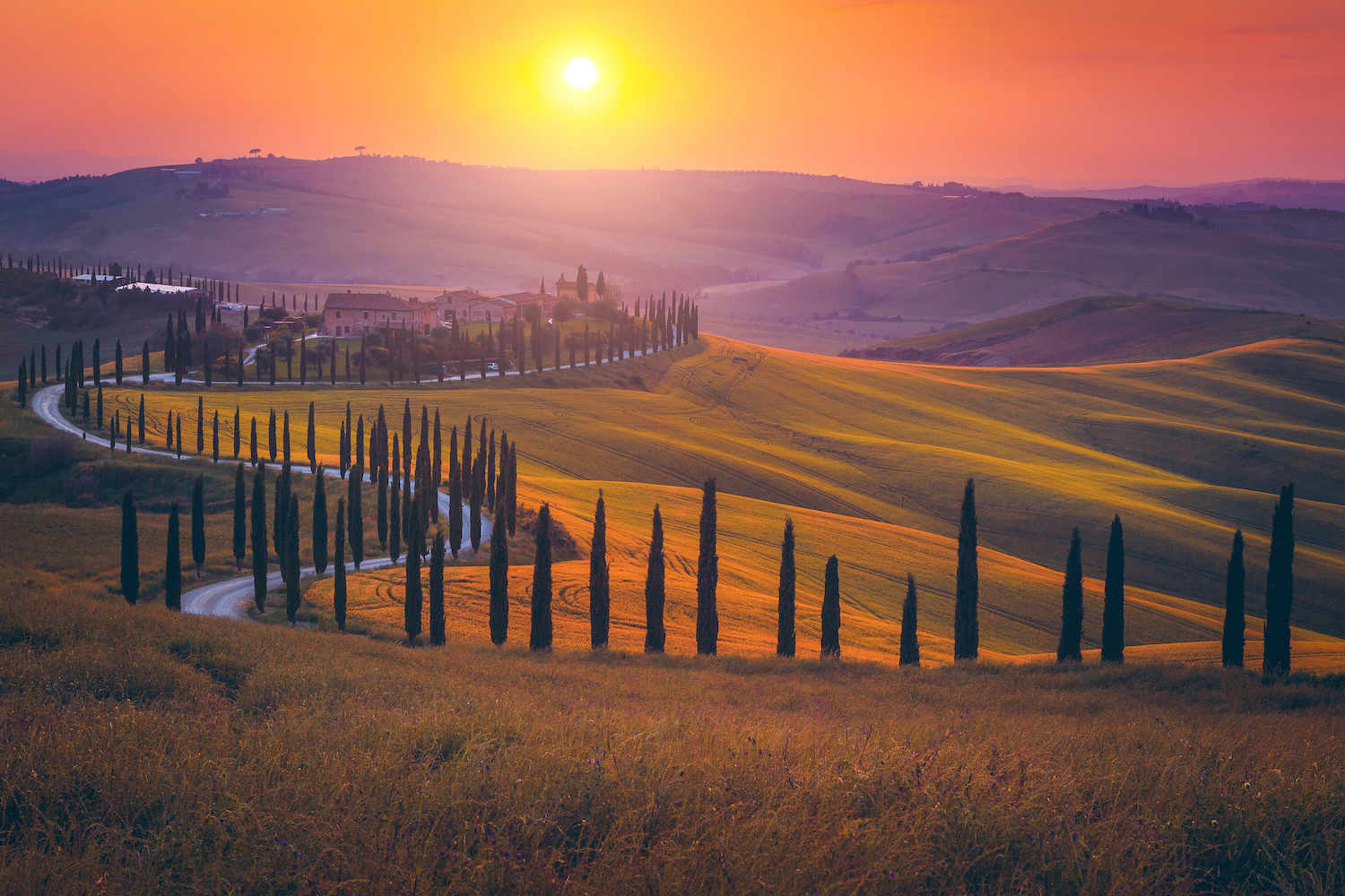 Magical Tuscany landscape with grain fields, cypress trees and houses on the hills at sunset. Autumn rural landscape with curved road in Tuscany, Italy, Europe