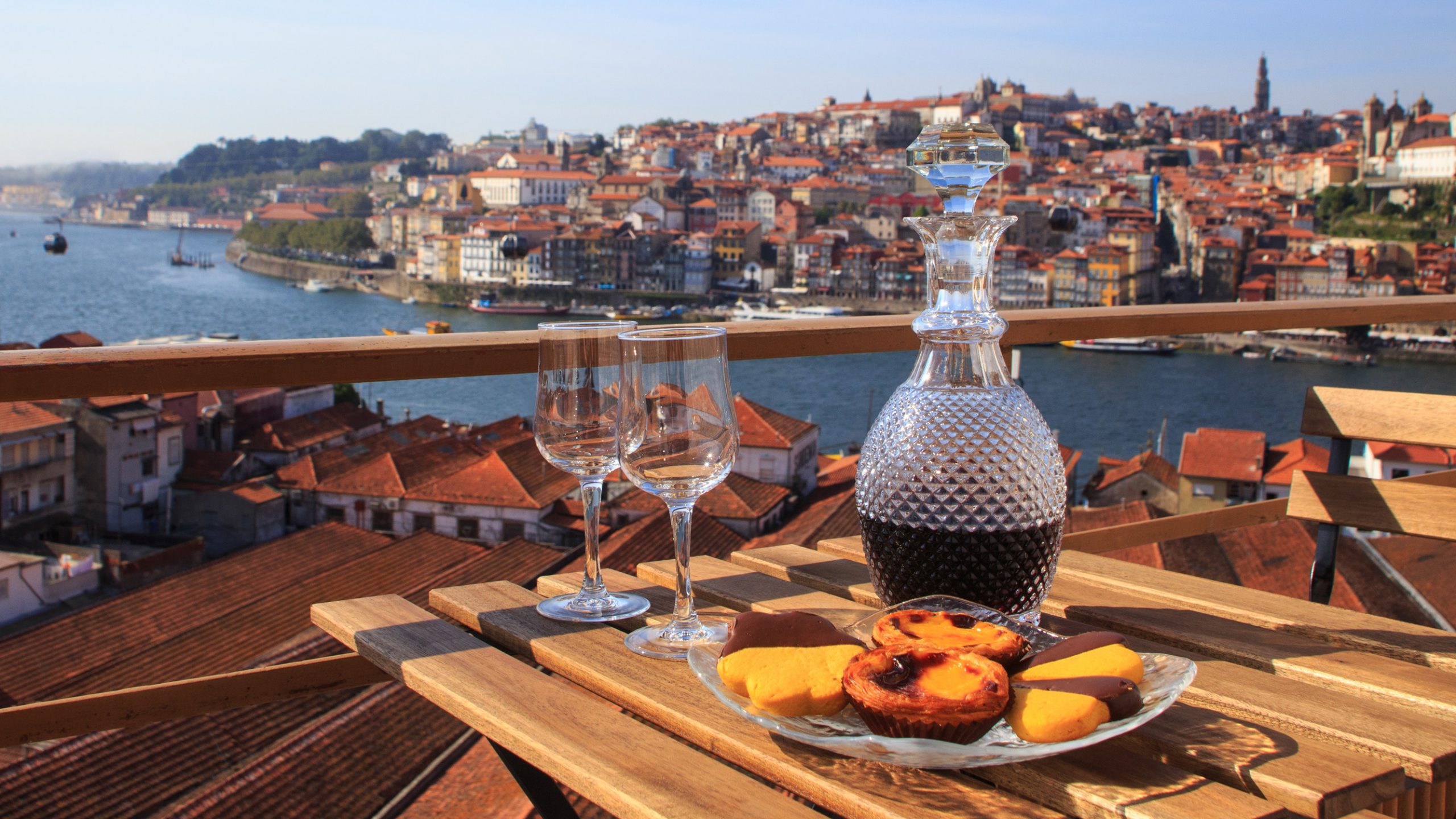 Table with view a wonderful view over the river in Porto, Portugal.