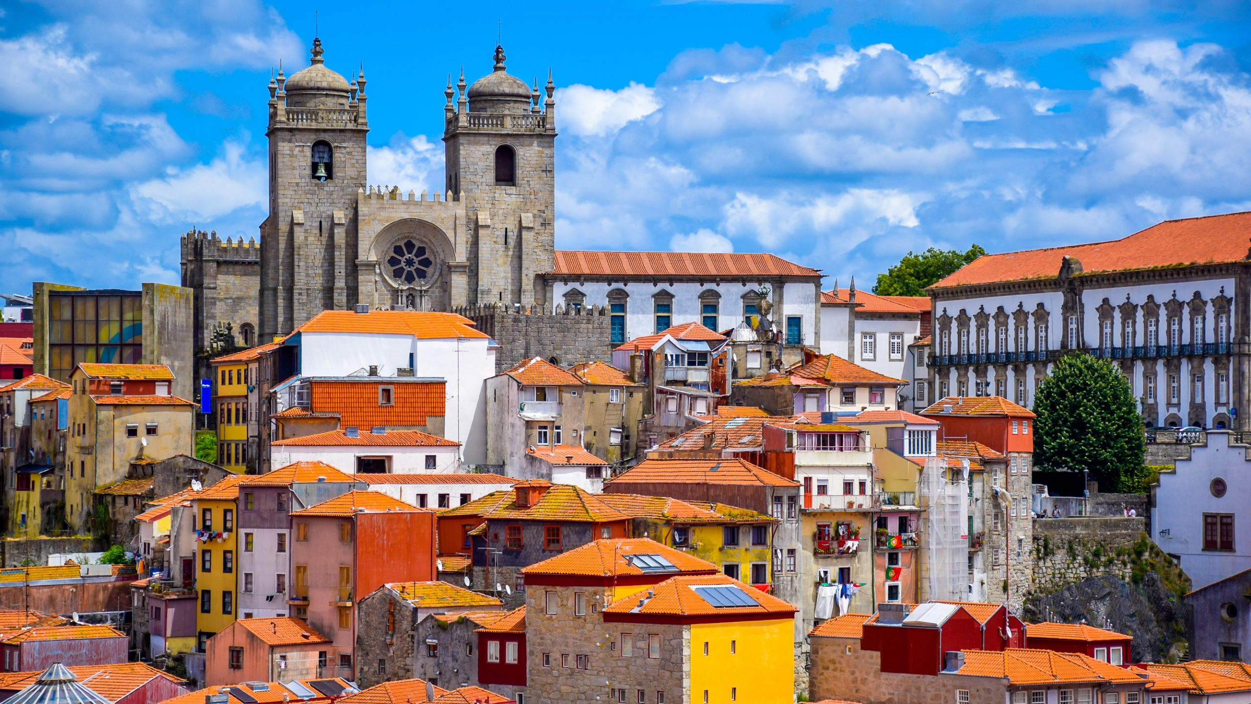 View over the old town of Porto, Portugal with the cathedral and colorful buildings