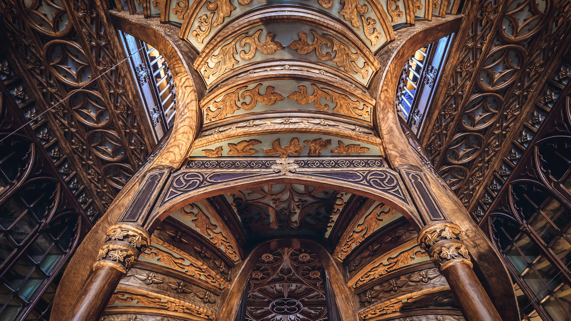 Interior of Livraria Lello Bookstore in Porto, Portugal considered to be one of the most beautiful bookstores in the world