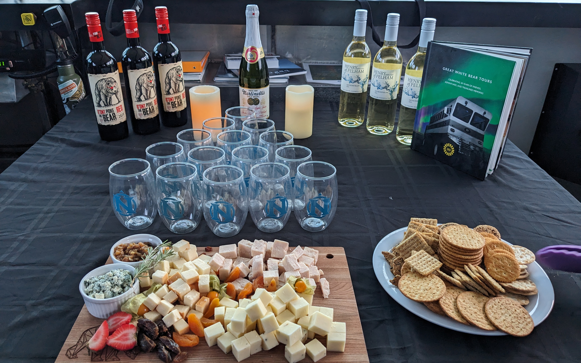 Wine and cheese served on the Polar Rover in Churchill, Manitoba