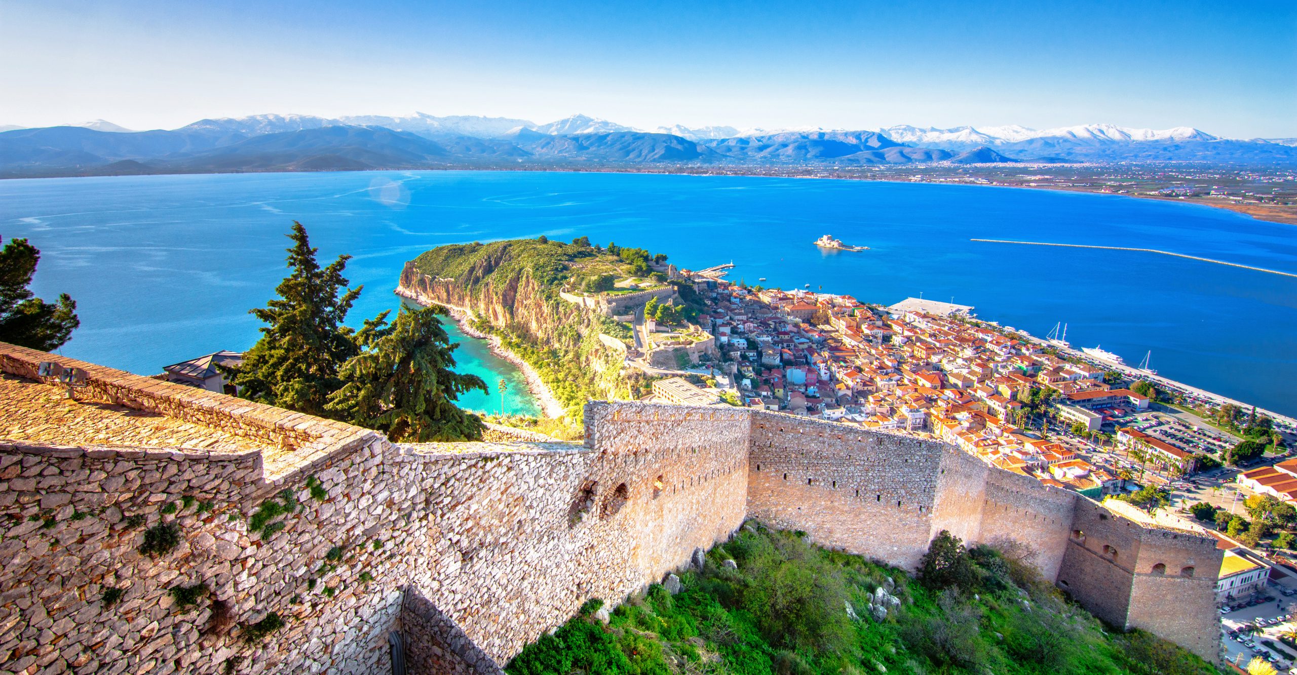 Old town of Nafplion in Greece view from above with tiled roofs,