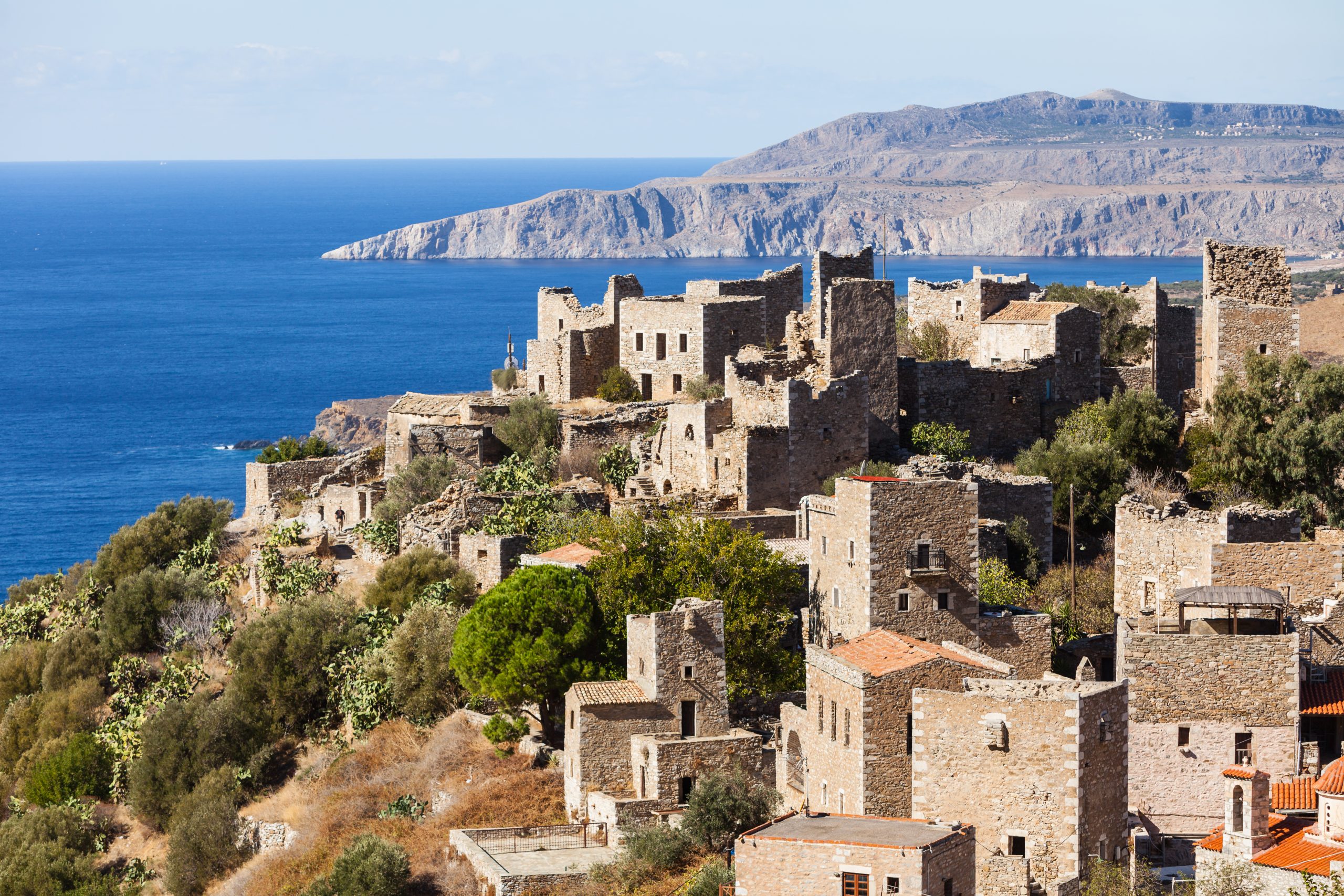 Greece Vatheia village. Architectural and historical old traditional abandoned tower houses in Vathia on Mani Peninsula. Laconia Peloponnese Europe.