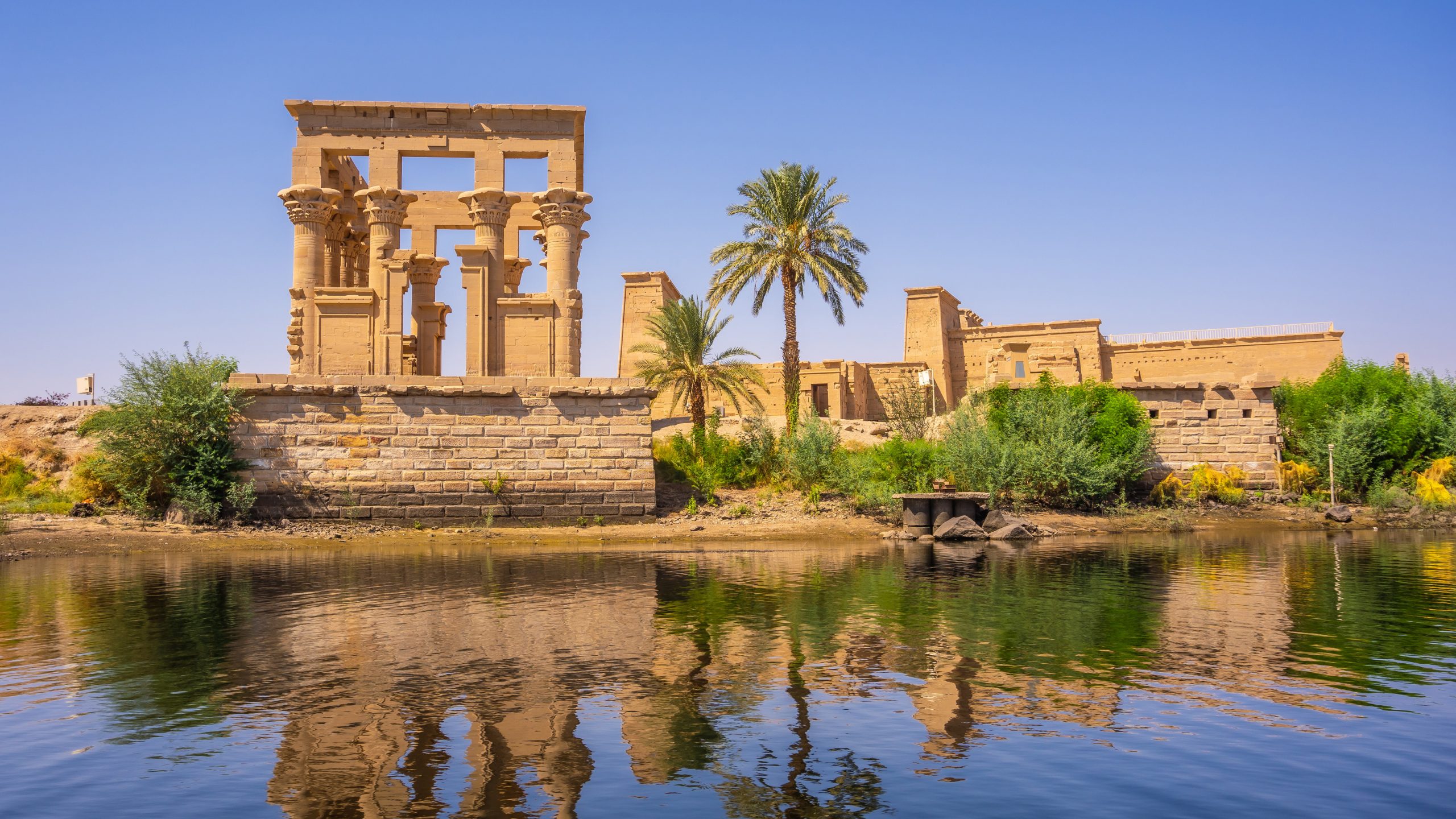 The Philae temple complex is an island-based temple complex in the reservoir of the Aswan Low Dam, downstream of the Aswan Dam and Lake Nasser, Egypt in Africa